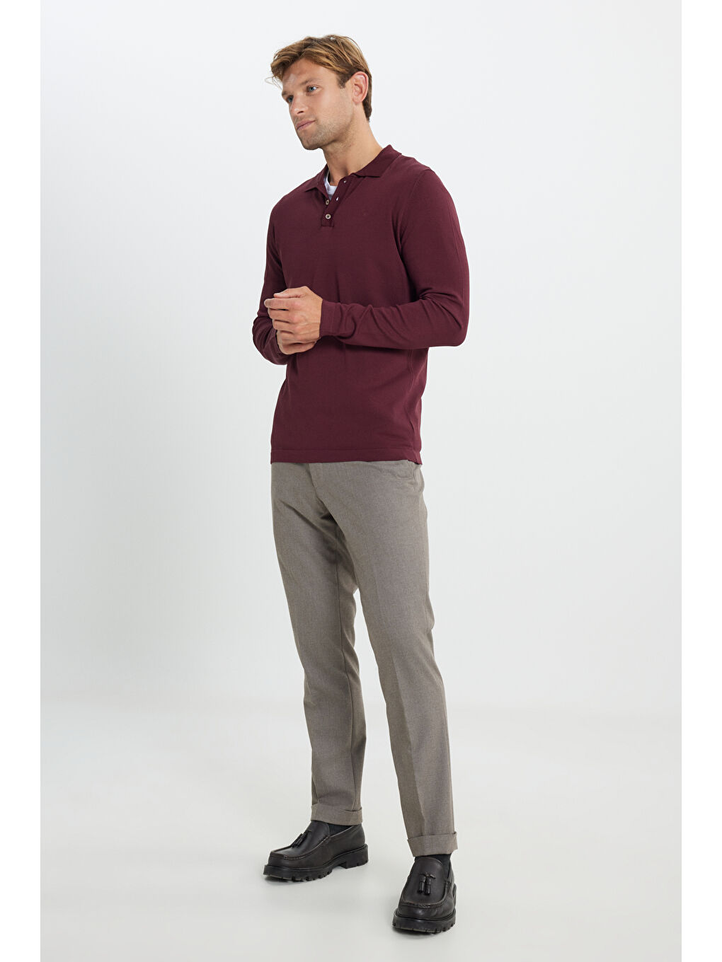 Erkek Bordo Standart Fit Normal Kesim Polo Yaka Basic Triko Kazak-1