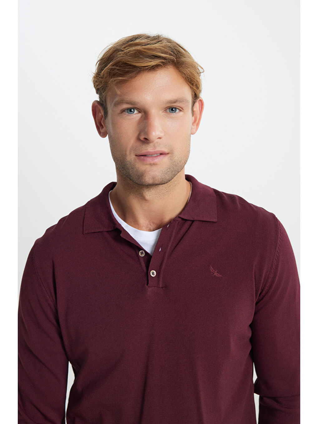 Erkek Bordo Standart Fit Normal Kesim Polo Yaka Basic Triko Kazak-3