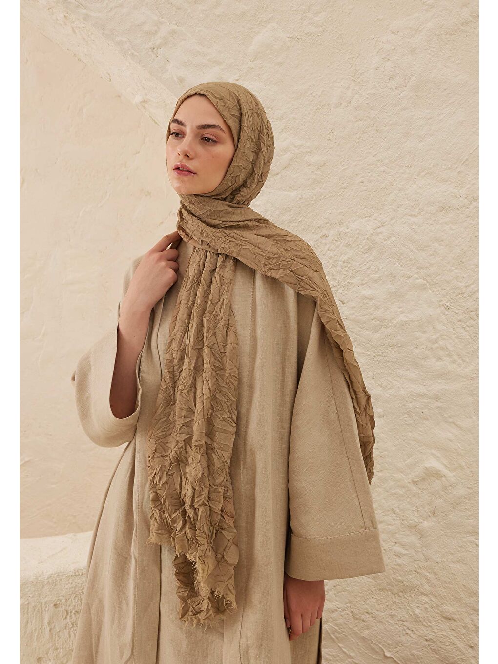 Bej Vual Crash Şal Keten-2