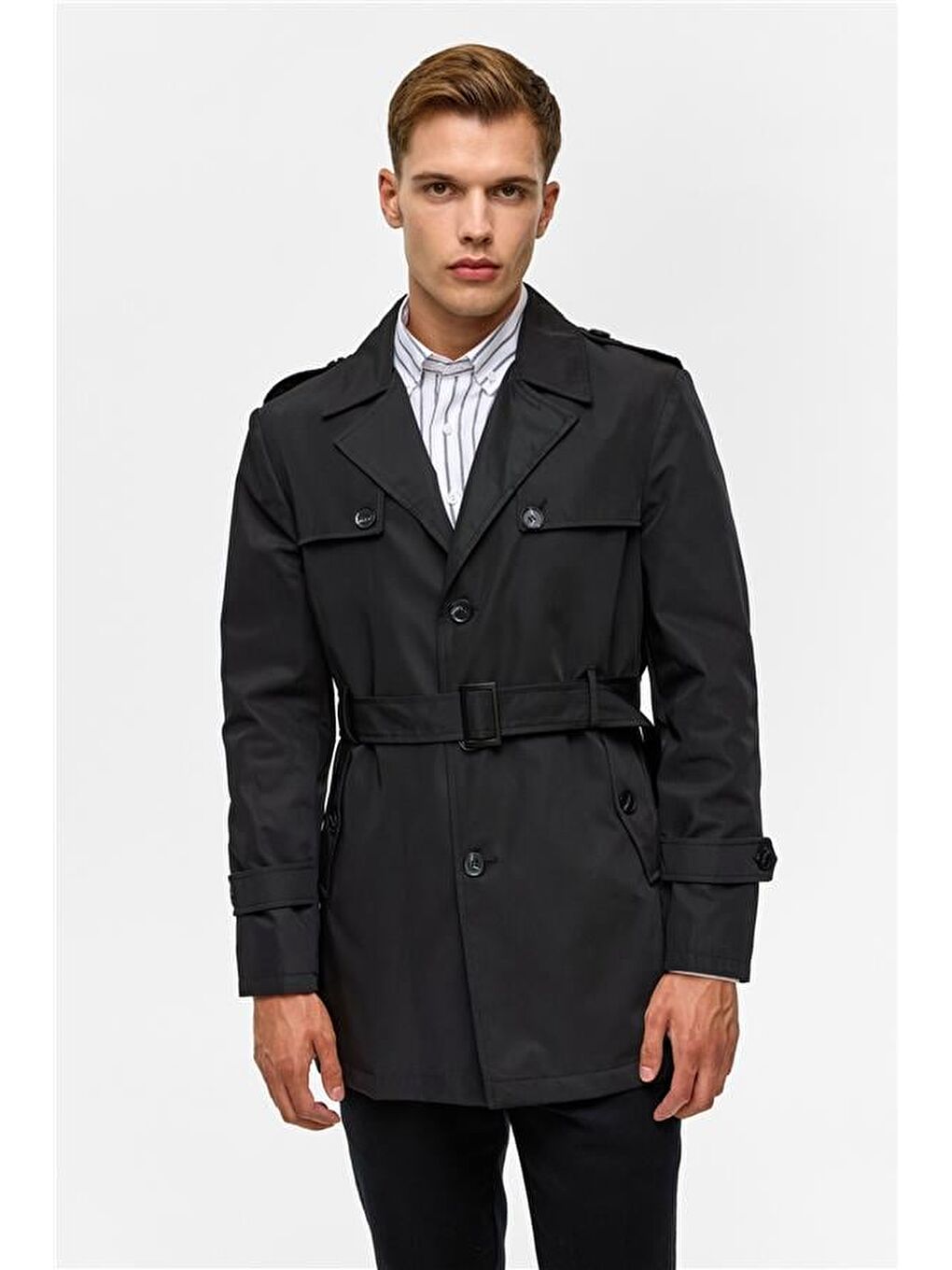 Siyah Slim Düz Trençkot