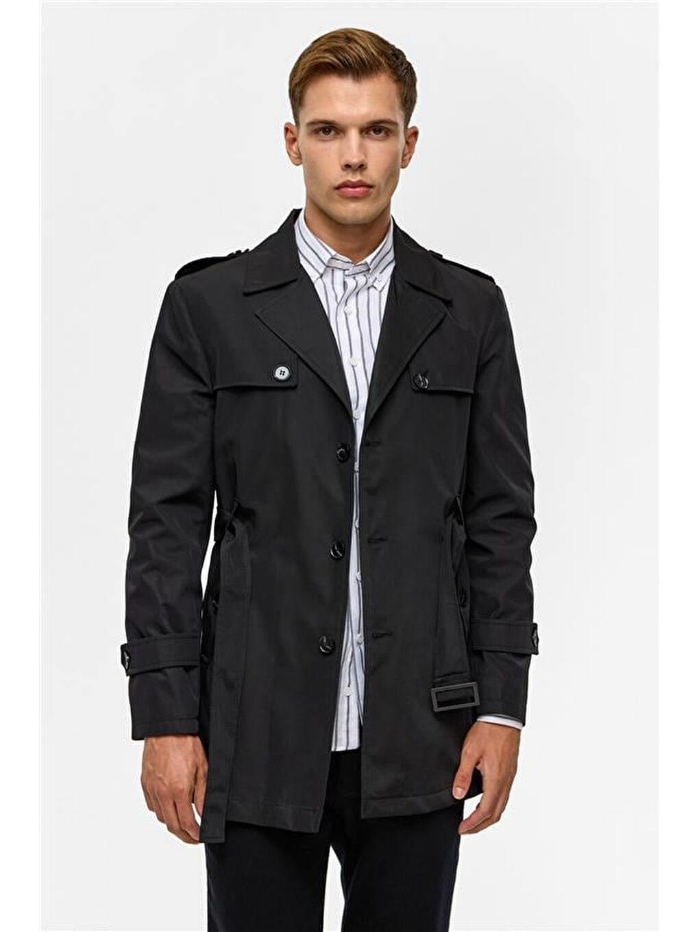 Siyah Slim Düz Trençkot-1