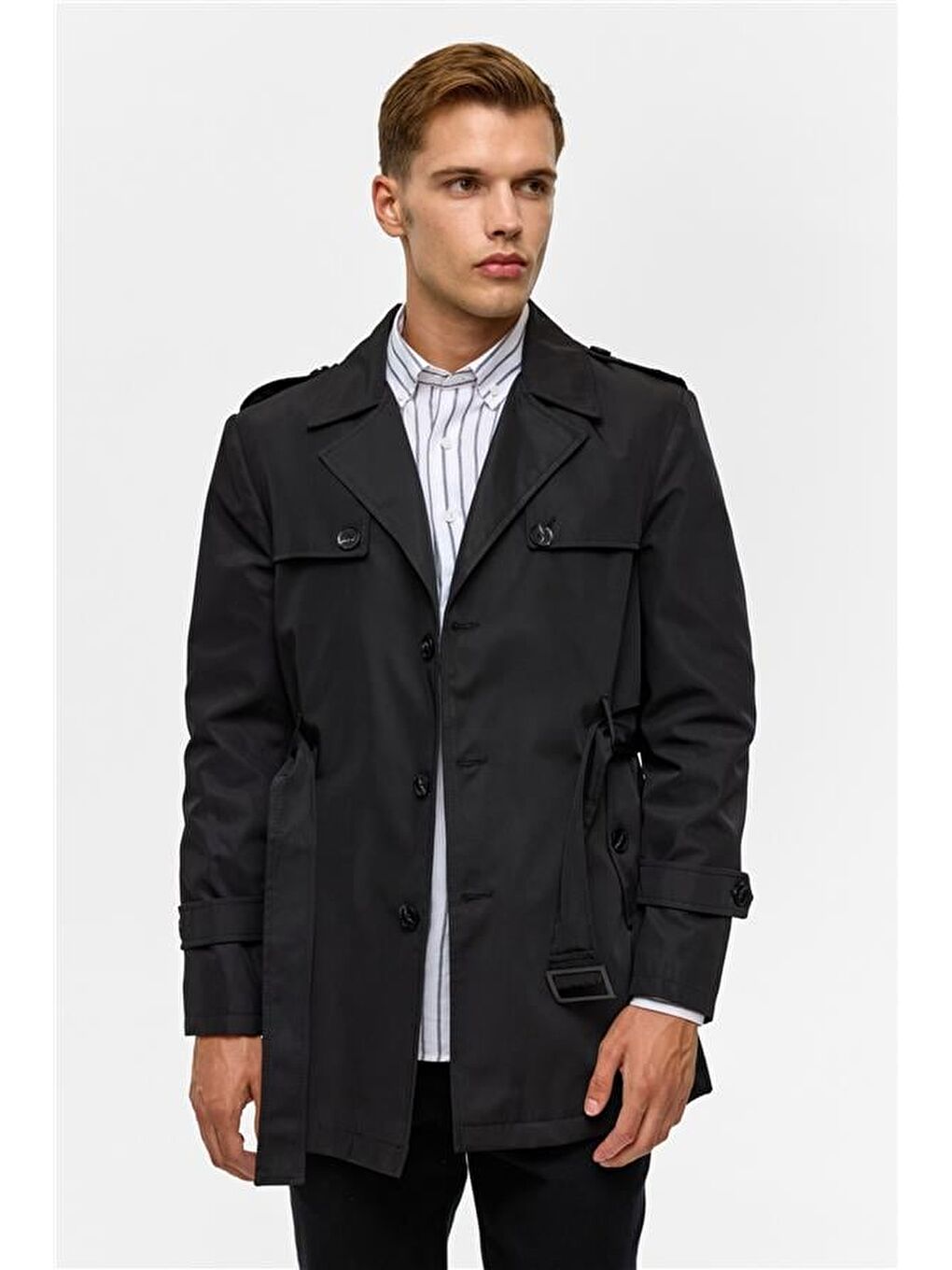 Siyah Slim Düz Trençkot-2