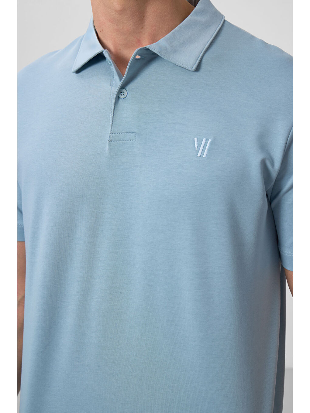 Buz Mavi Basic Göğüs Logolu Standart Kalıp Triko Polo Yaka Erkek Tişört - 87768-2