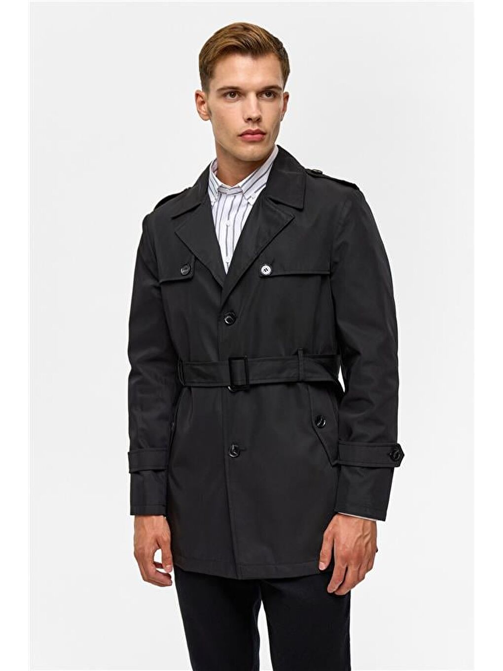 Siyah Slim Düz Trençkot-3