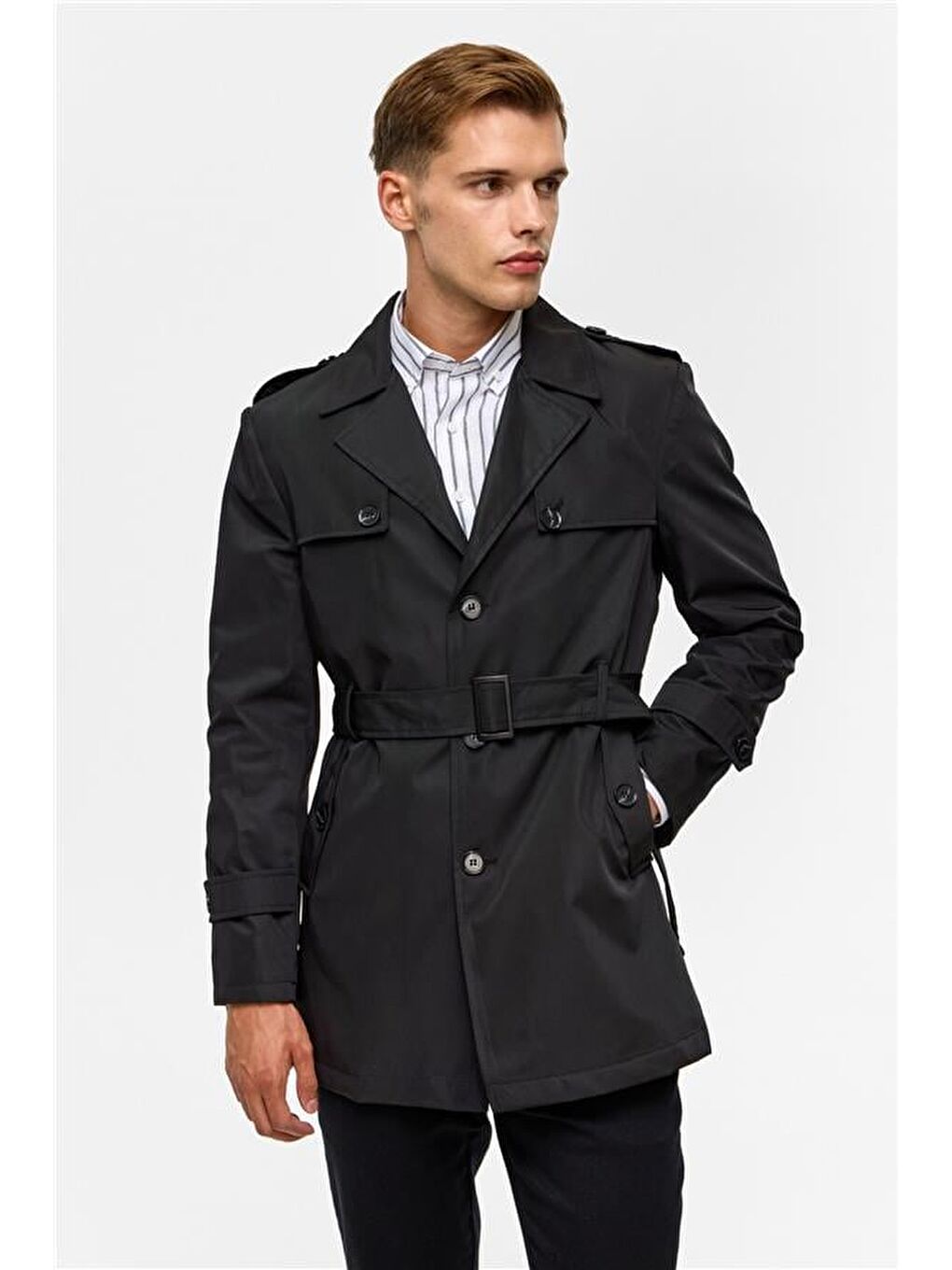 Siyah Slim Düz Trençkot-4