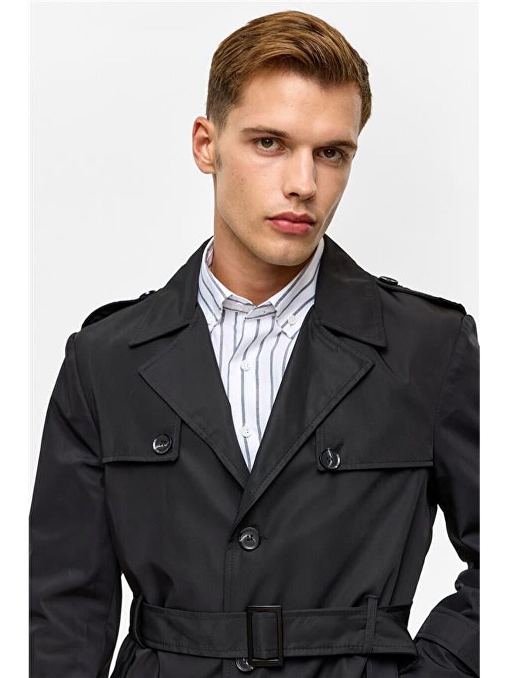 Siyah Slim Düz Trençkot-5