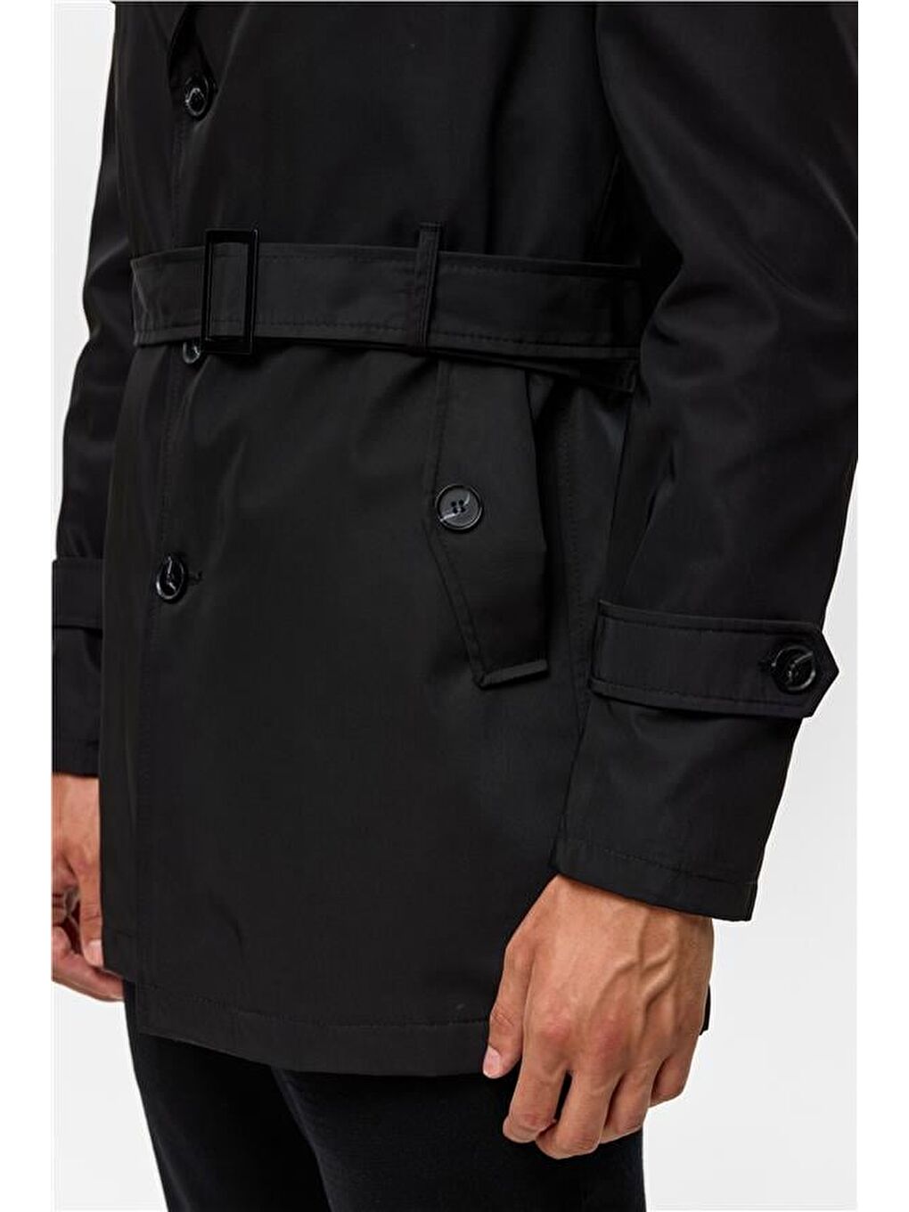 Siyah Slim Düz Trençkot-6