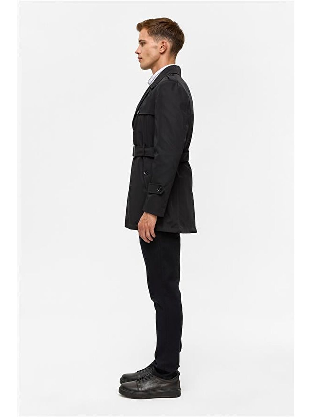 Siyah Slim Düz Trençkot-8