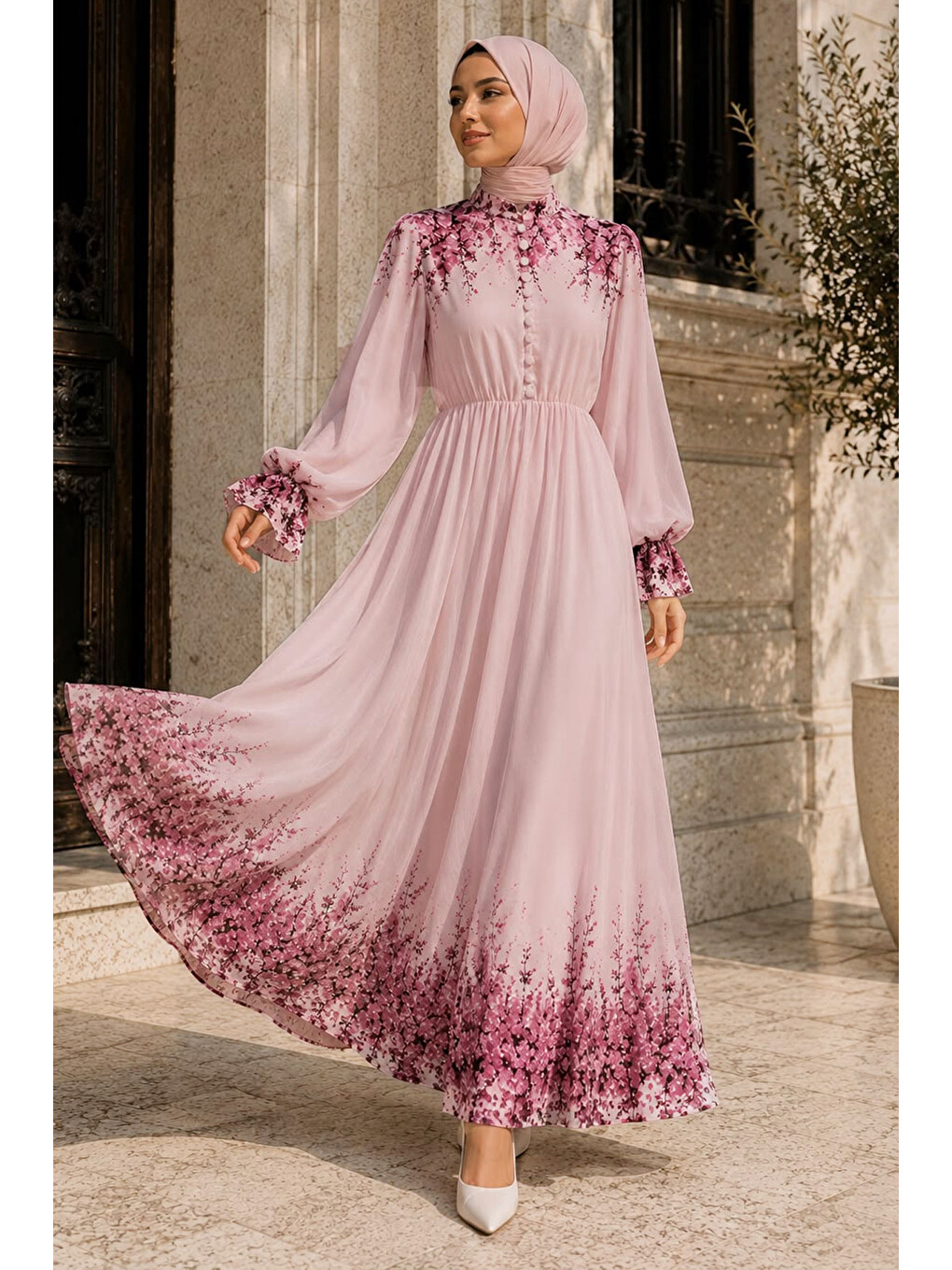 Çiçek Baskılı Yarım Düğmeli Şifon Elbise Tsd260258 Pembe