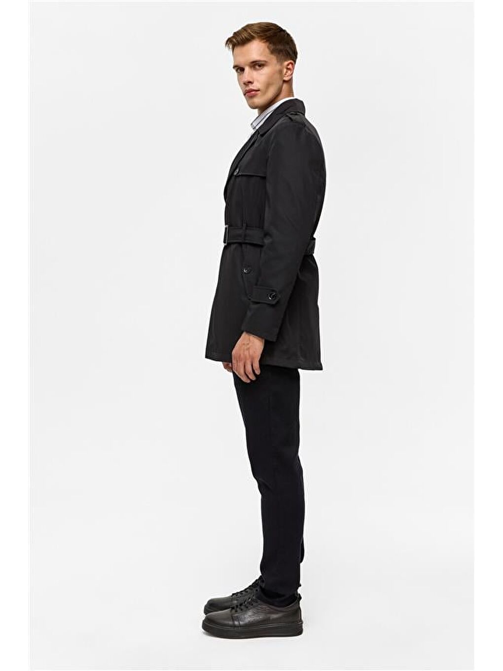 Siyah Slim Düz Trençkot-9