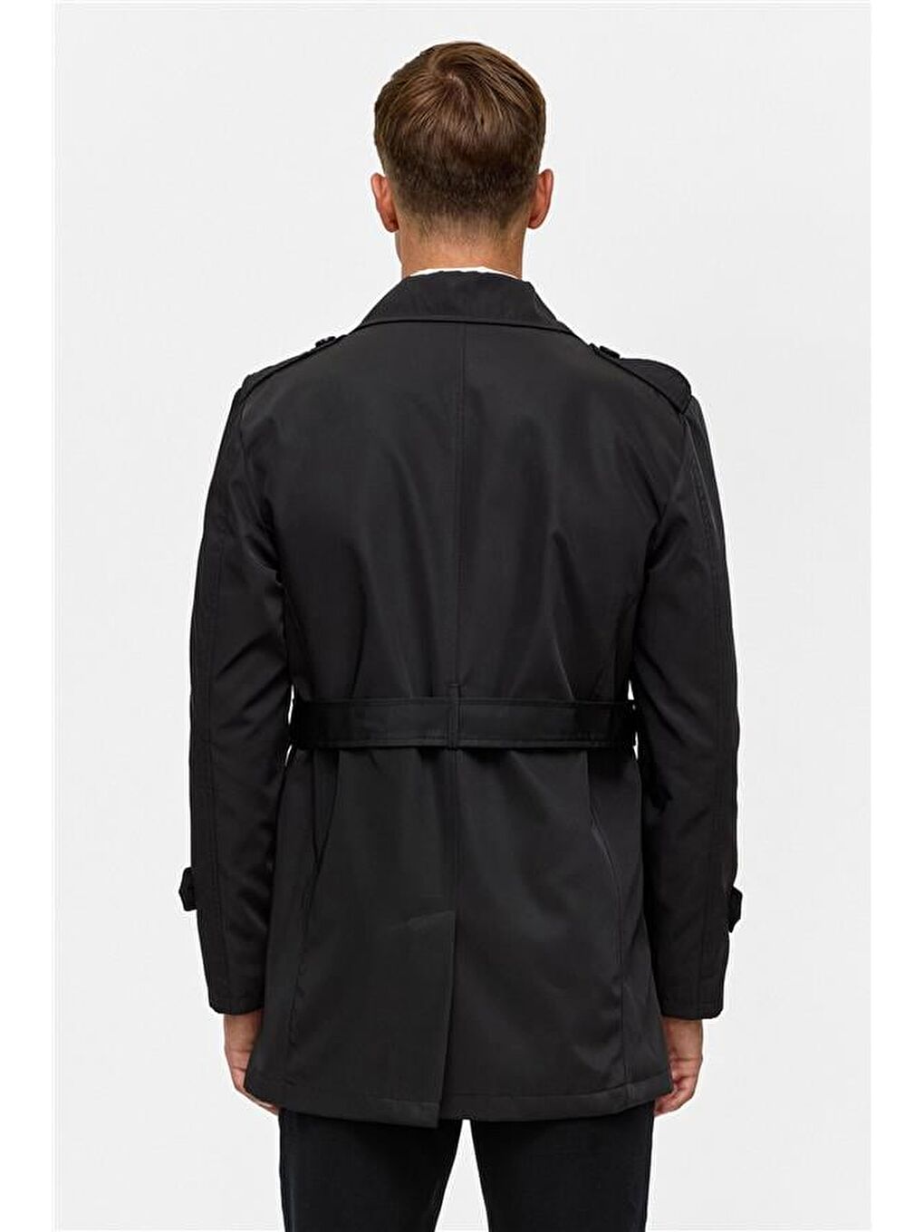 Siyah Slim Düz Trençkot-10