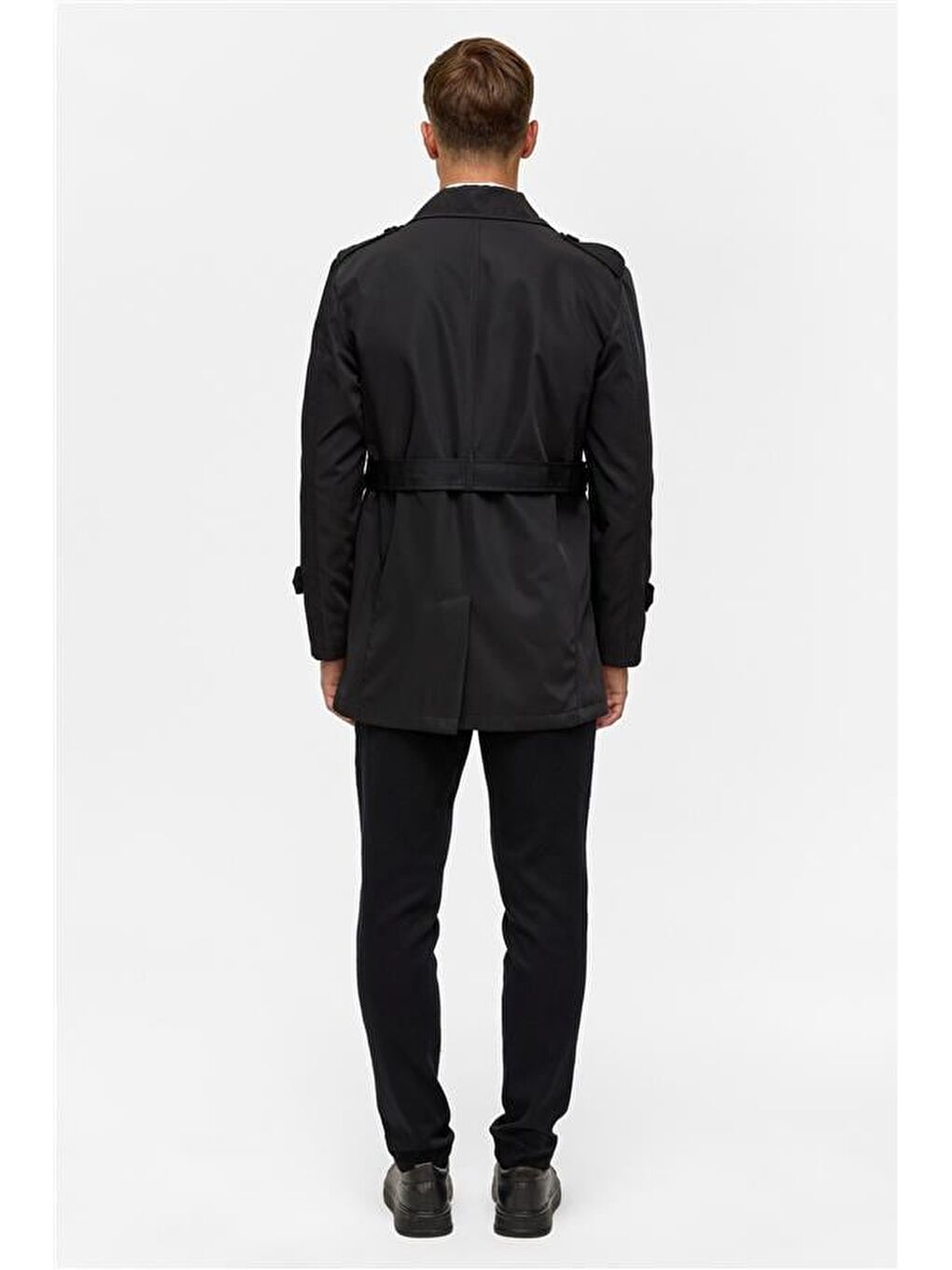 Siyah Slim Düz Trençkot-11