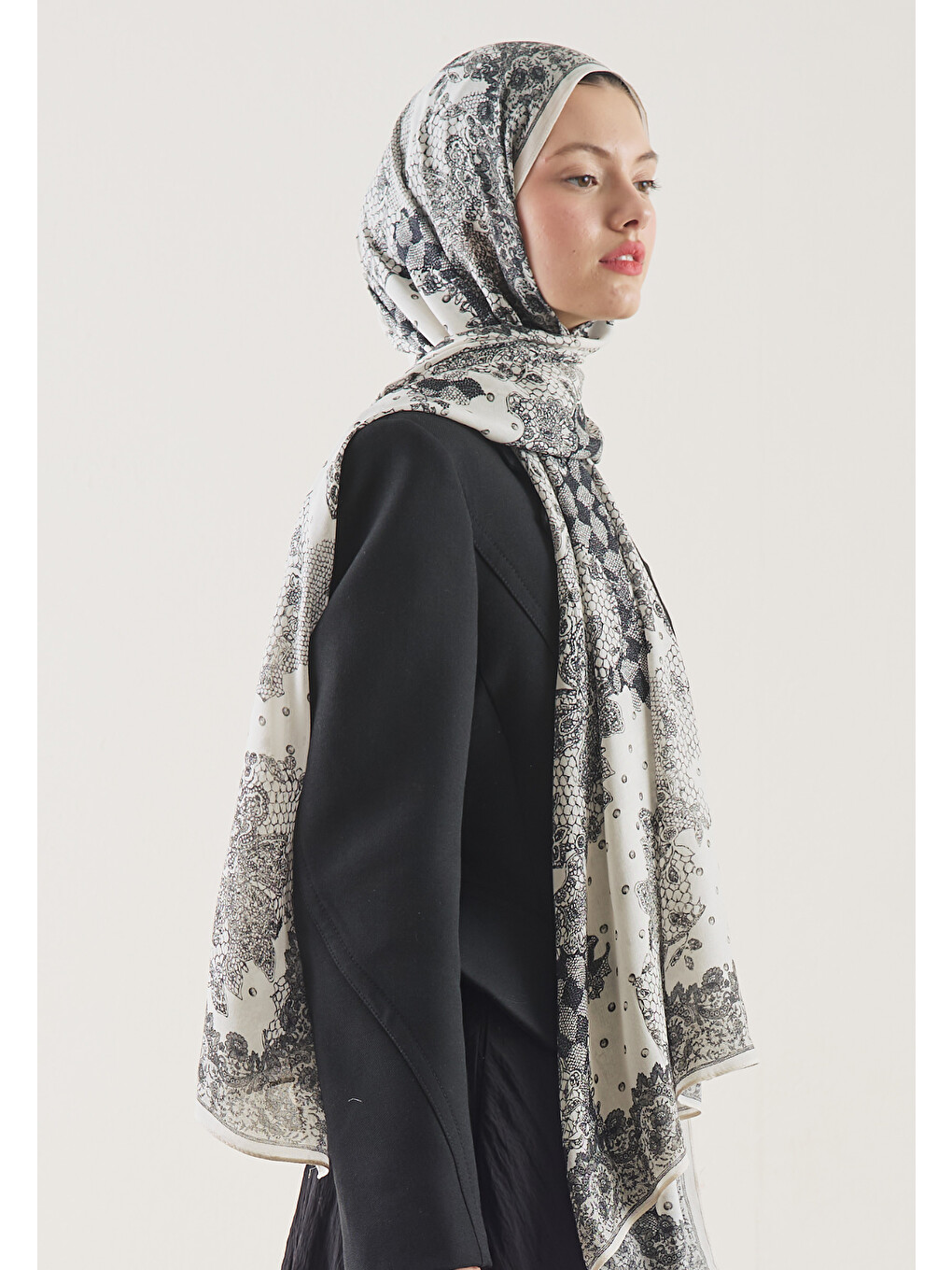 Floral Lace Desen Rami Şal Ekru-1