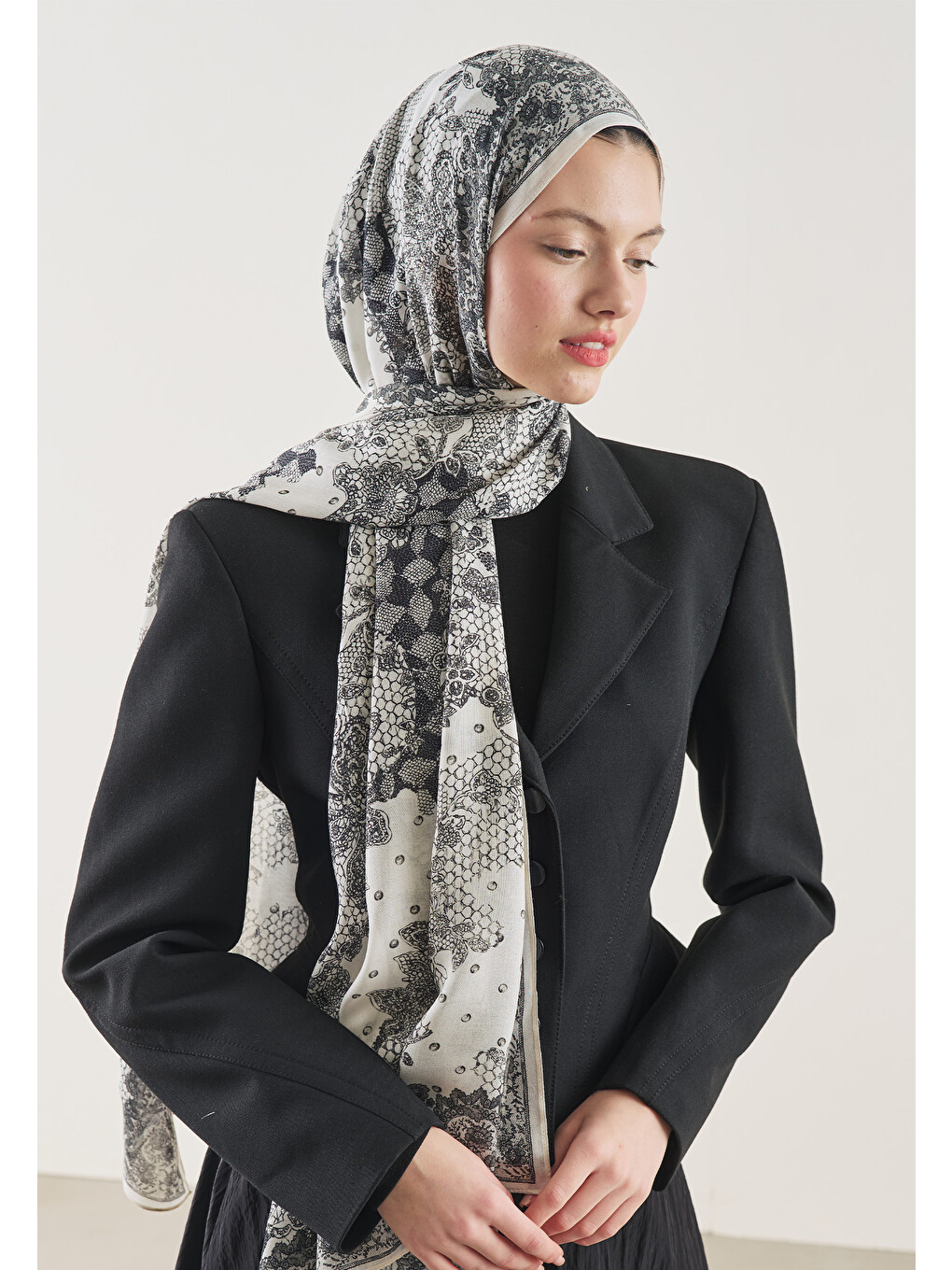 Floral Lace Desen Rami Şal Ekru-2