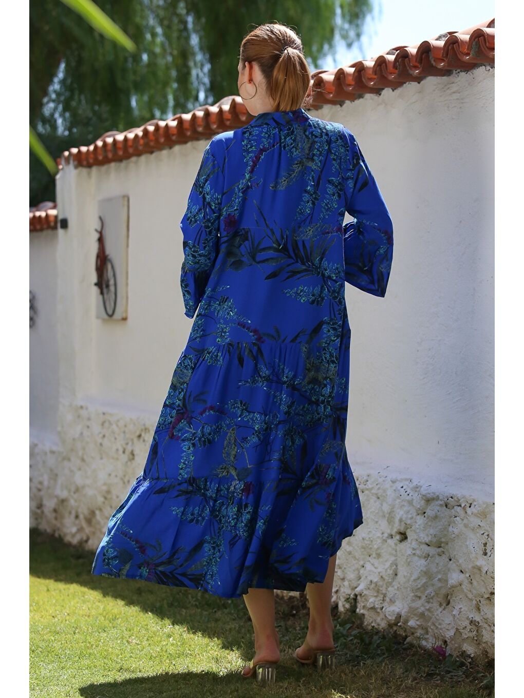 Saks Mavisi Hakim Yaka Fırfırlı Kol Düğmeli Eteği Fırfırlı Allover Baskılı Dokuma Elbise 130 58-7