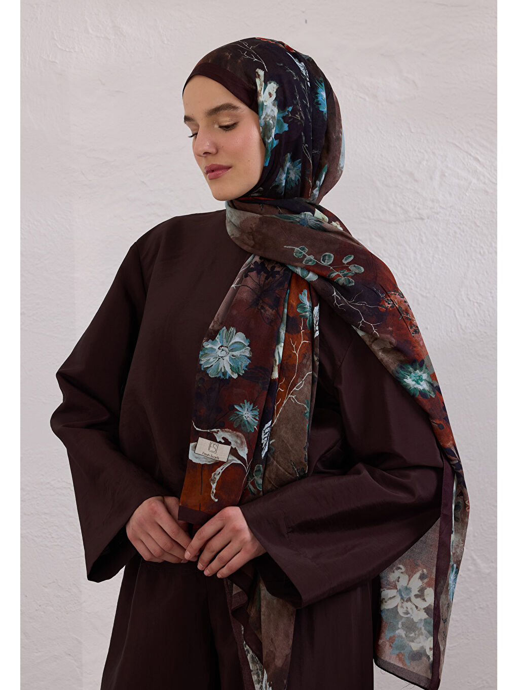 Kahverengi Dıtsy Leaves Desen Rami Şal Kahve-1