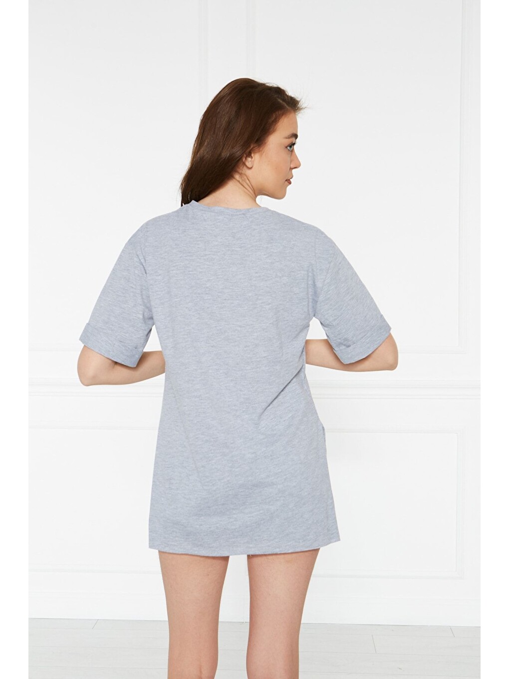 Gri Kadın Kol Katlı Yırtmaçlı Salaş Oversize Tshirt-2