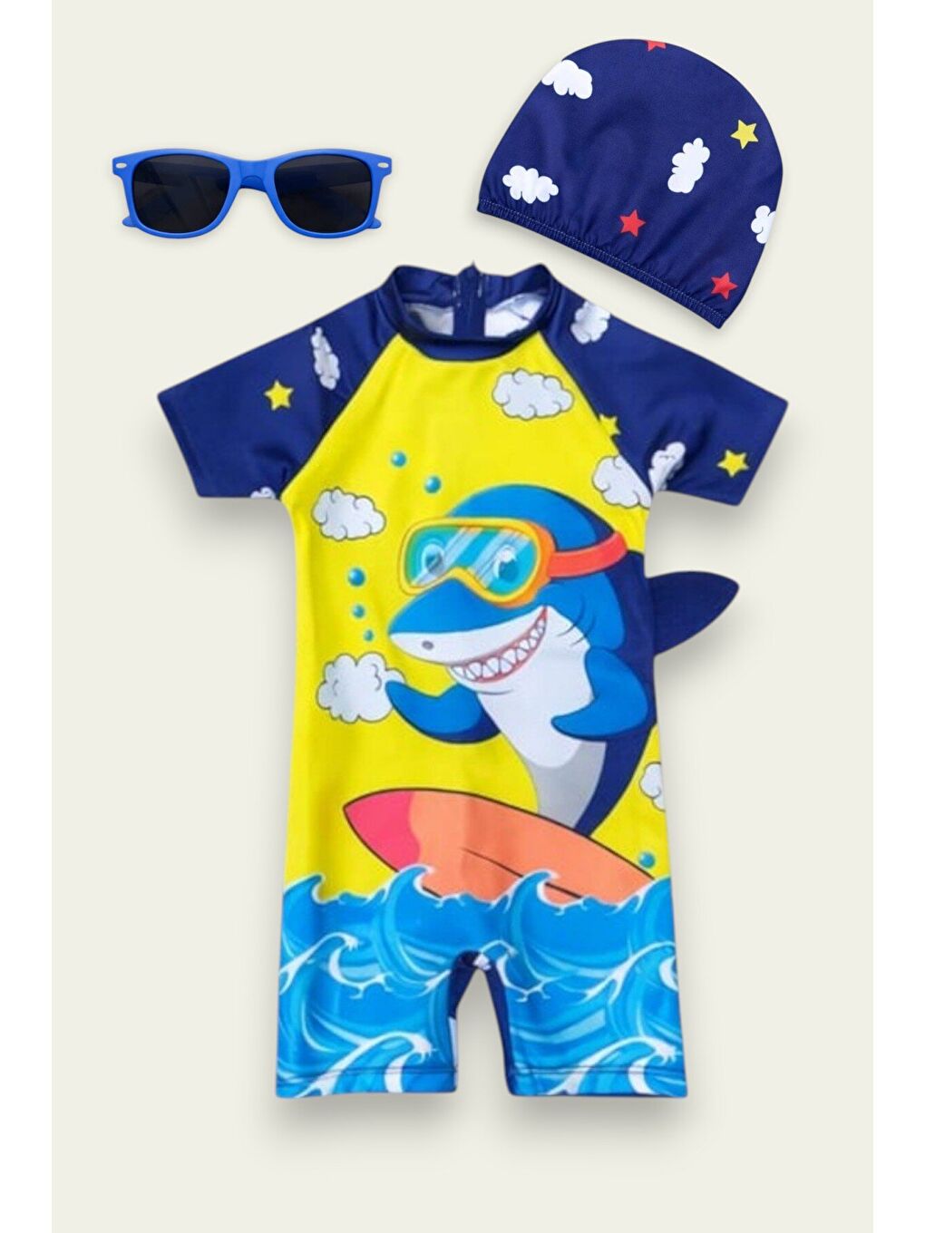 Sarı Çocuk Desenli Mayo Takımı - Bone ve Güneş Gözlüğü Hediyeli 2'li Set 12717
