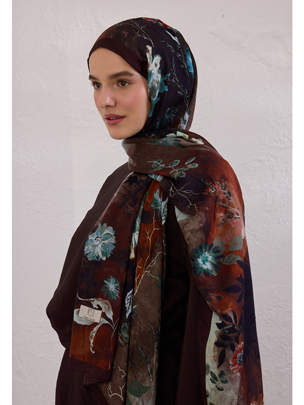 Kahverengi Dıtsy Leaves Desen Rami Şal Kahve-2