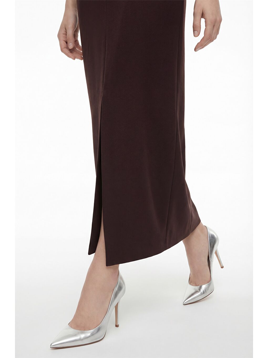 Kadın Kahverengi Yırtmaçlı Aksesuar Detay Maxi Abiye Elbise-2