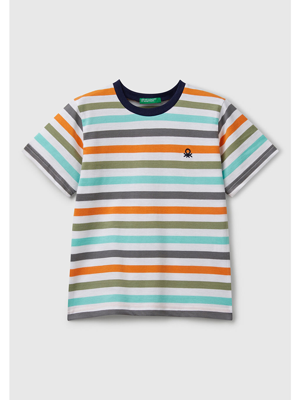 Erkek Çocuk Turkuaz Mix Çizgili Önü Logo İşlemeli Tişört