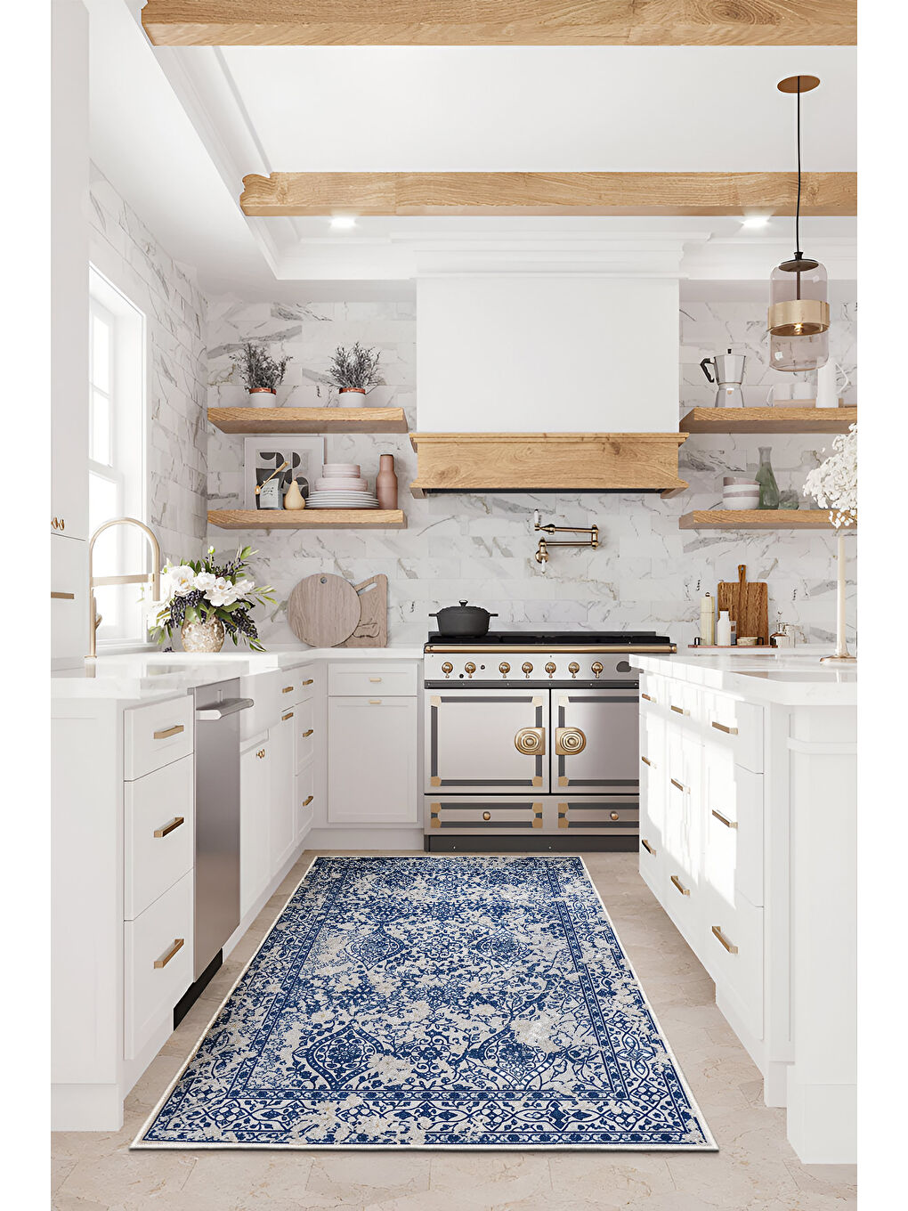 Mavi Dekoratif Özel Tasarım Yıkanabilir İnce Kaymaz Tabanlı Modern Halı KECE FR10-4