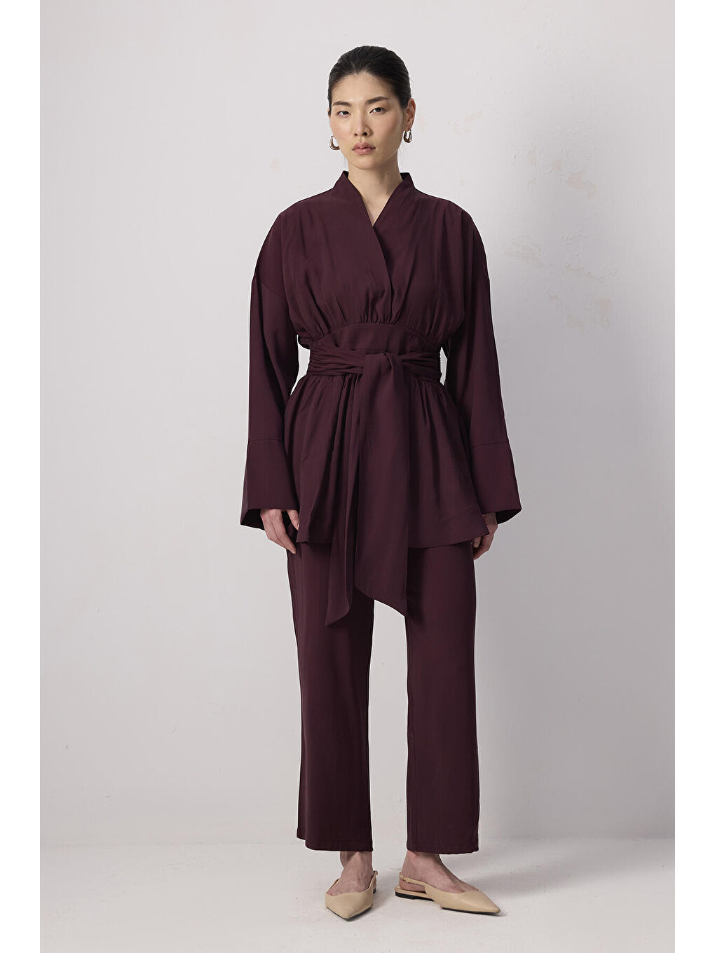 Bordo Geniş Kuşaklı Tunik Pantolon Takım