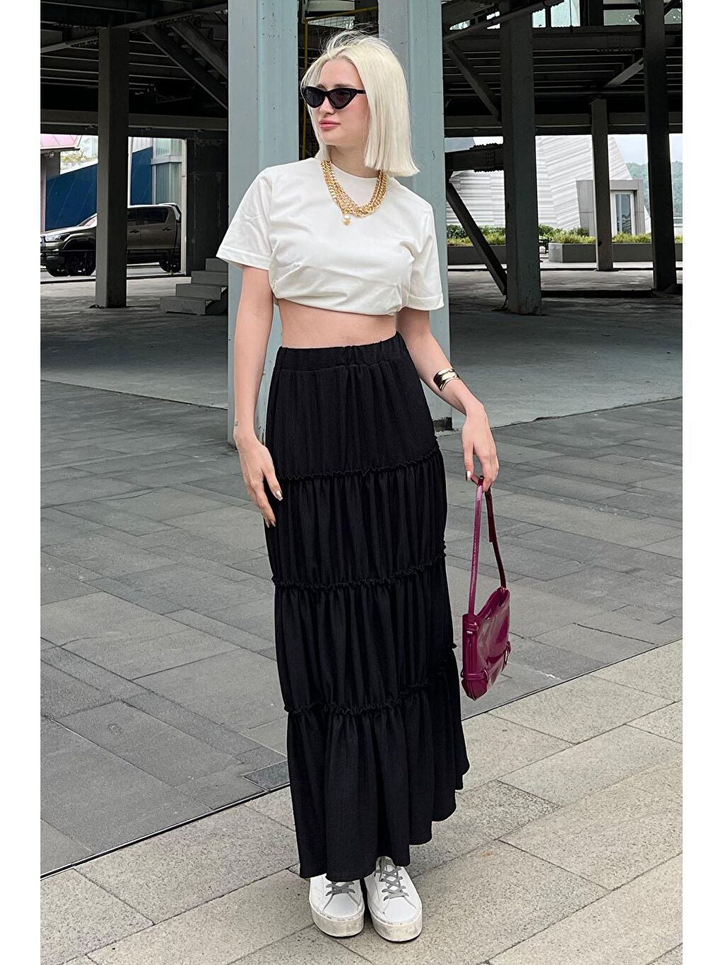 Siyah Basic Uzun Pileli Kadın Etek Mg2071-1