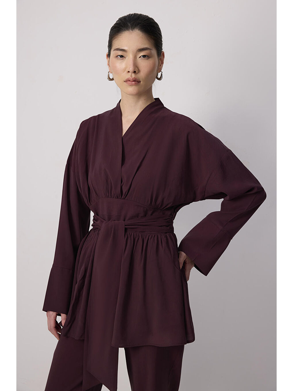 Bordo Geniş Kuşaklı Tunik Pantolon Takım-1