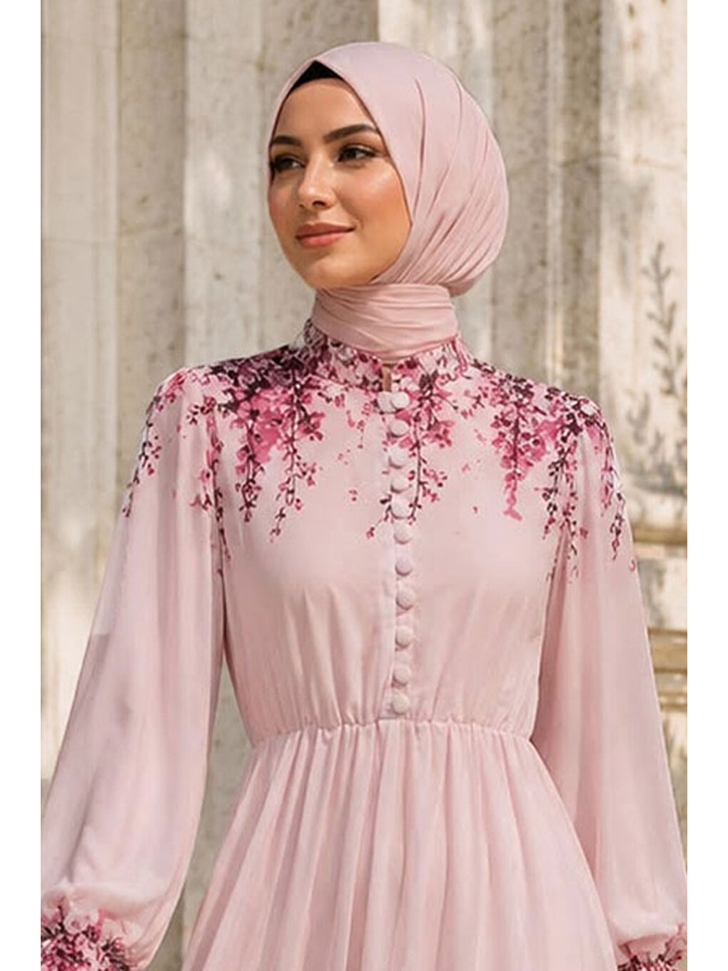Çiçek Baskılı Yarım Düğmeli Şifon Elbise Tsd260258 Pembe-1