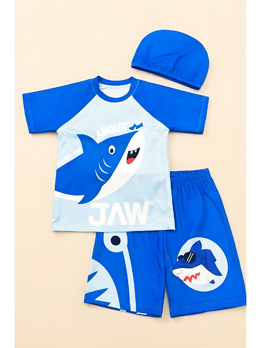 Mavi Erkek Çocuk 3'lü Mayo Takımı (Şort+Üst Mayo+Bone) 3-12 Yaş 12593B-1