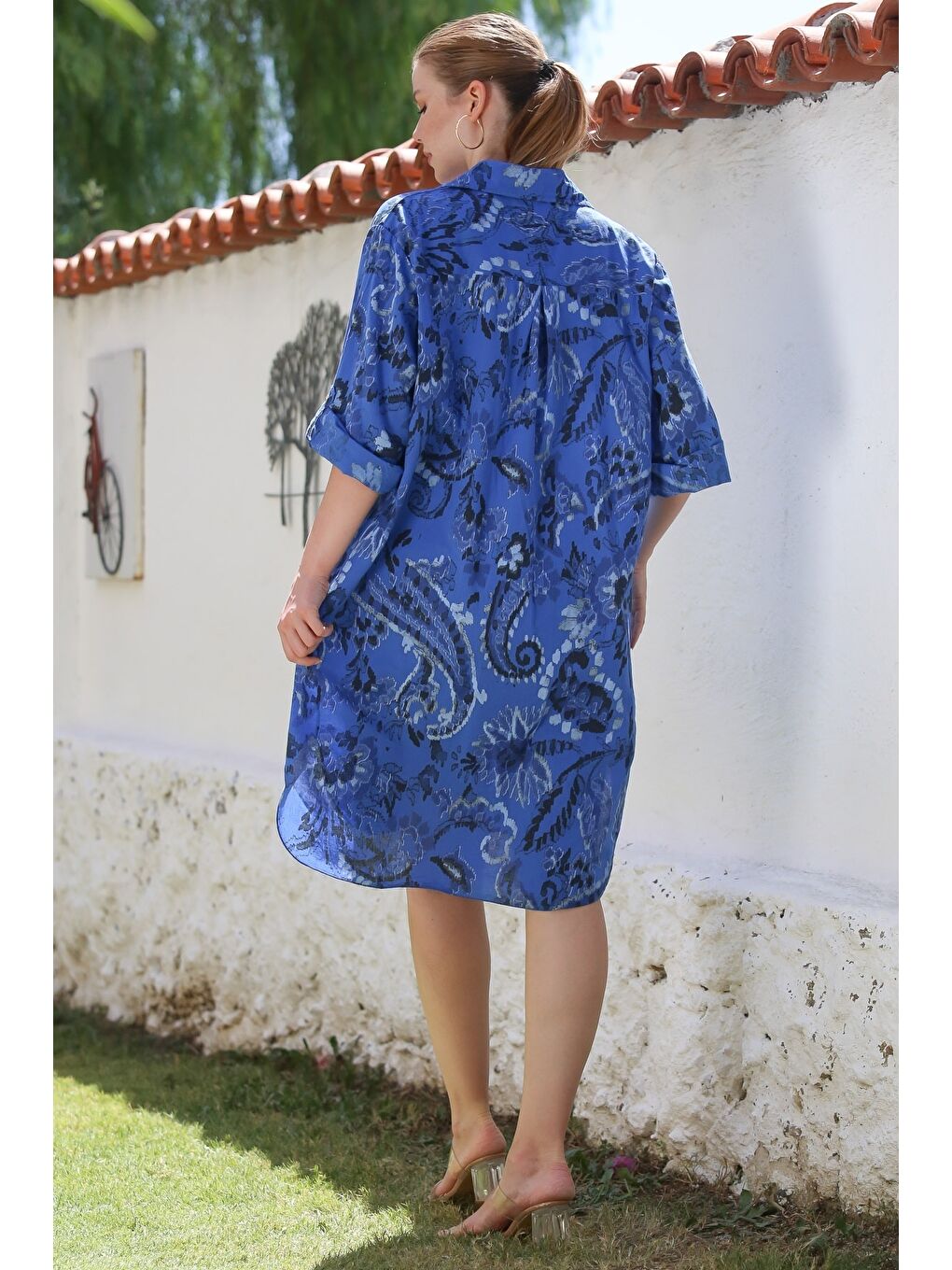 İtalyan Saks Mavisi Gömlek Yaka Düğmeli 3/4 Kol Cepli Allover Baskılı Casual Dokuma Elbise 105 70-1