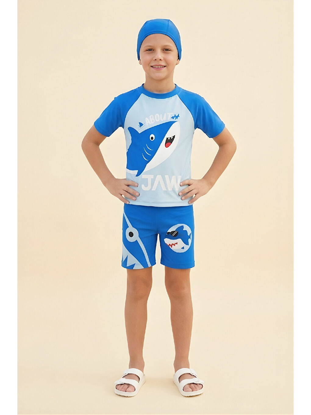 Mavi Erkek Çocuk 3'lü Mayo Takımı (Şort+Üst Mayo+Bone) 3-12 Yaş 12593B-2