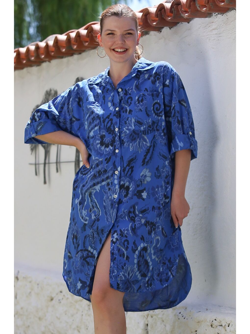 İtalyan Saks Mavisi Gömlek Yaka Düğmeli 3/4 Kol Cepli Allover Baskılı Casual Dokuma Elbise 105 70-5