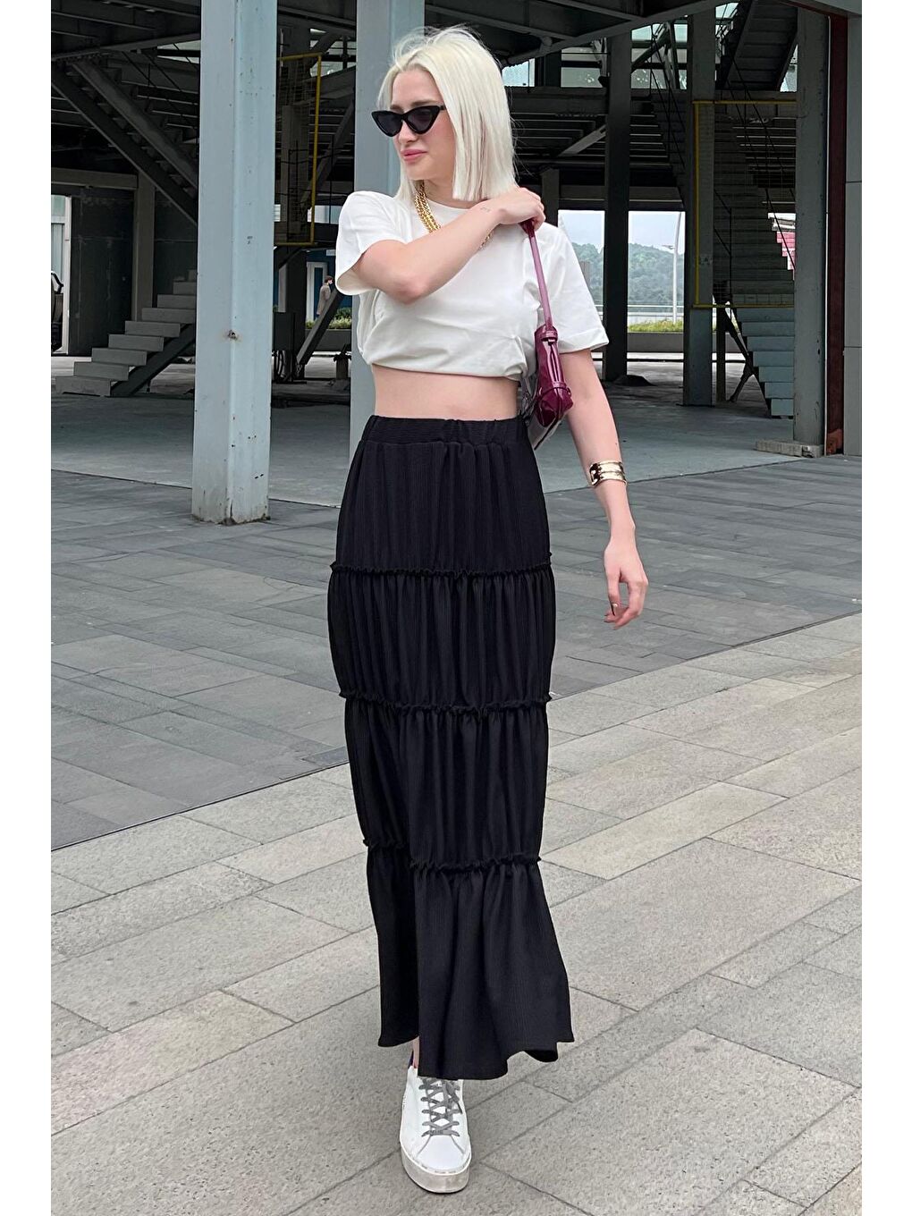 Siyah Basic Uzun Pileli Kadın Etek Mg2071-2