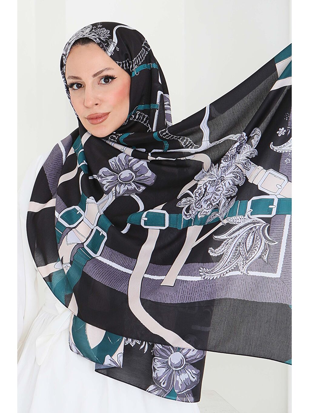 Kemerli Çiçek Bahçesi Serisi Pamuk Şal Petrol - 27858-PETROL