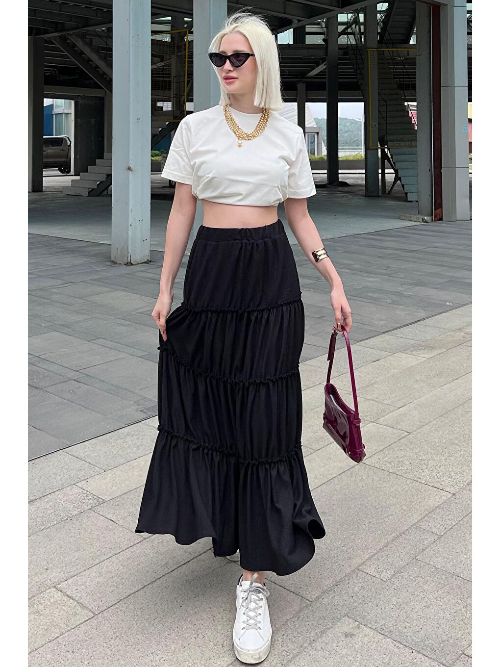 Siyah Basic Uzun Pileli Kadın Etek Mg2071-3