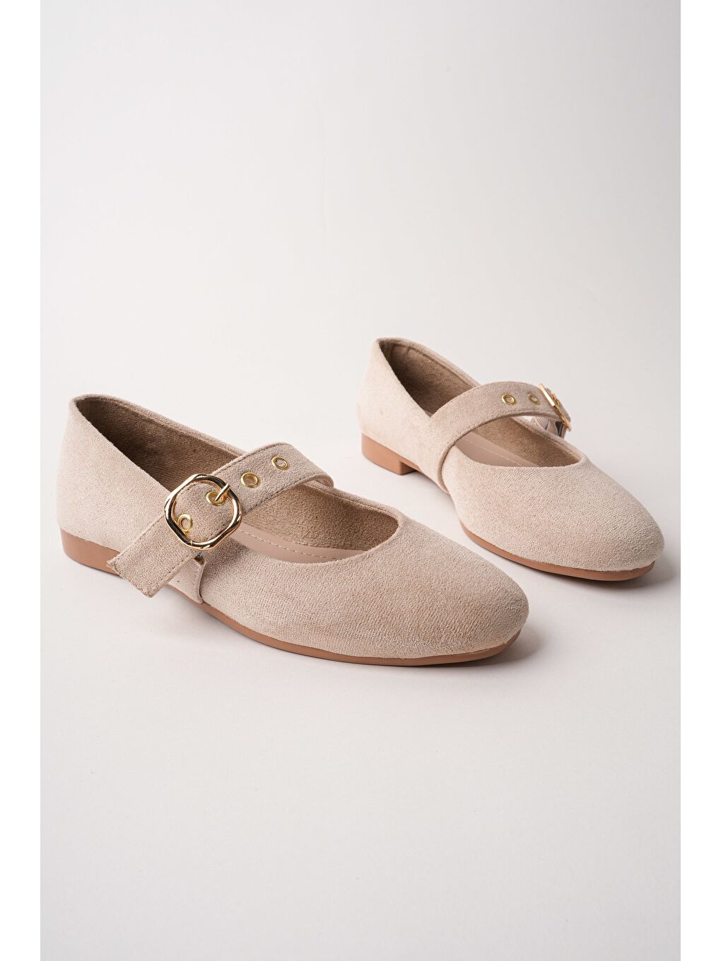 Bej HALSEY Gold Tokalı Deri Kadın Babet Ayakkabı-2