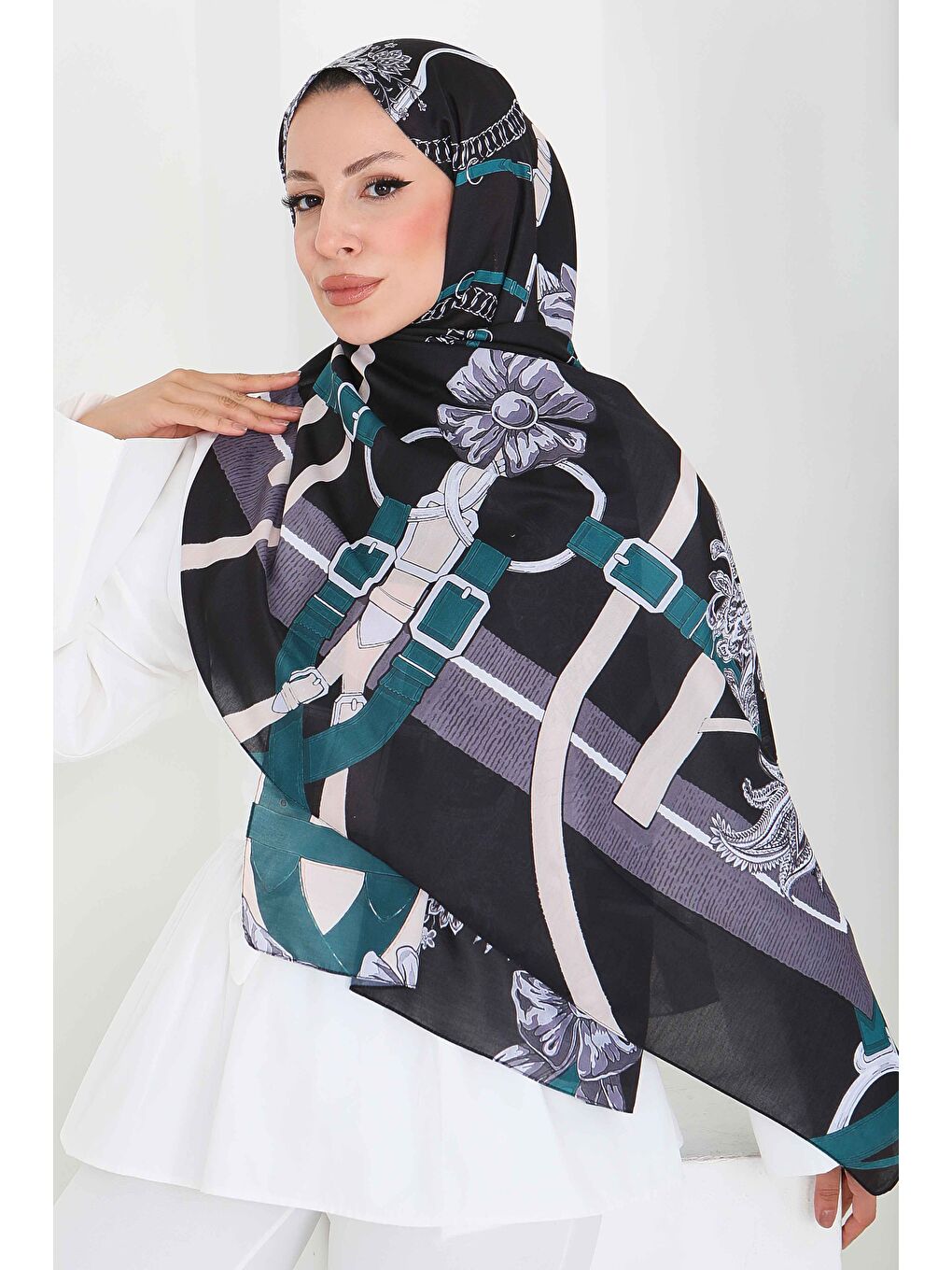 Kemerli Çiçek Bahçesi Serisi Pamuk Şal Petrol - 27858-PETROL-1