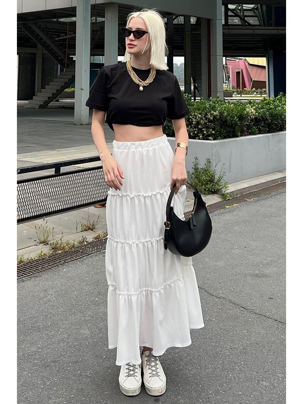 Beyaz Basic Uzun Pileli Kadın Etek Mg2071-1