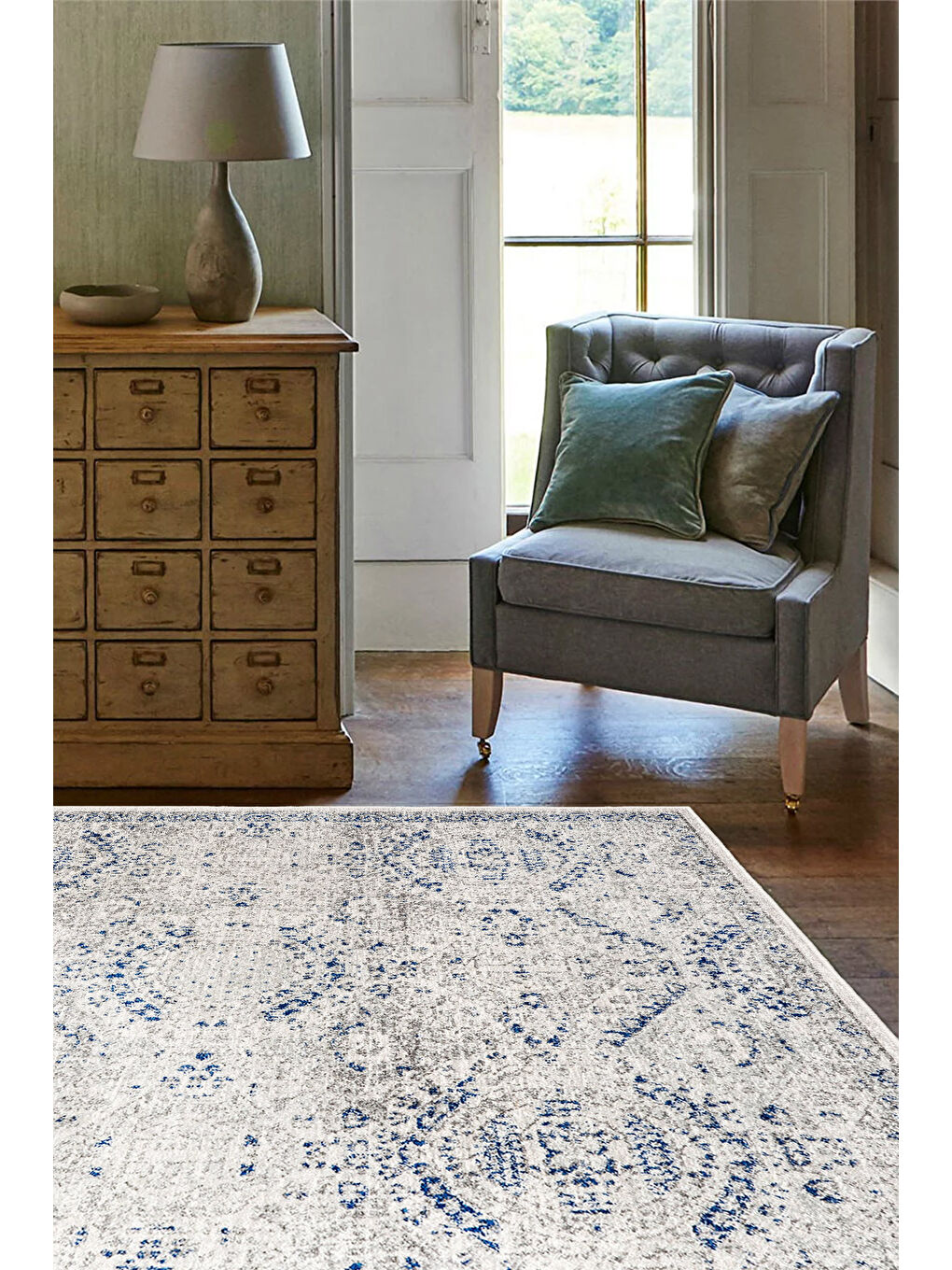 Mavi Dekoratif Özel Tasarım Yıkanabilir İnce Kaymaz Tabanlı Modern Halı KECE FR09-1