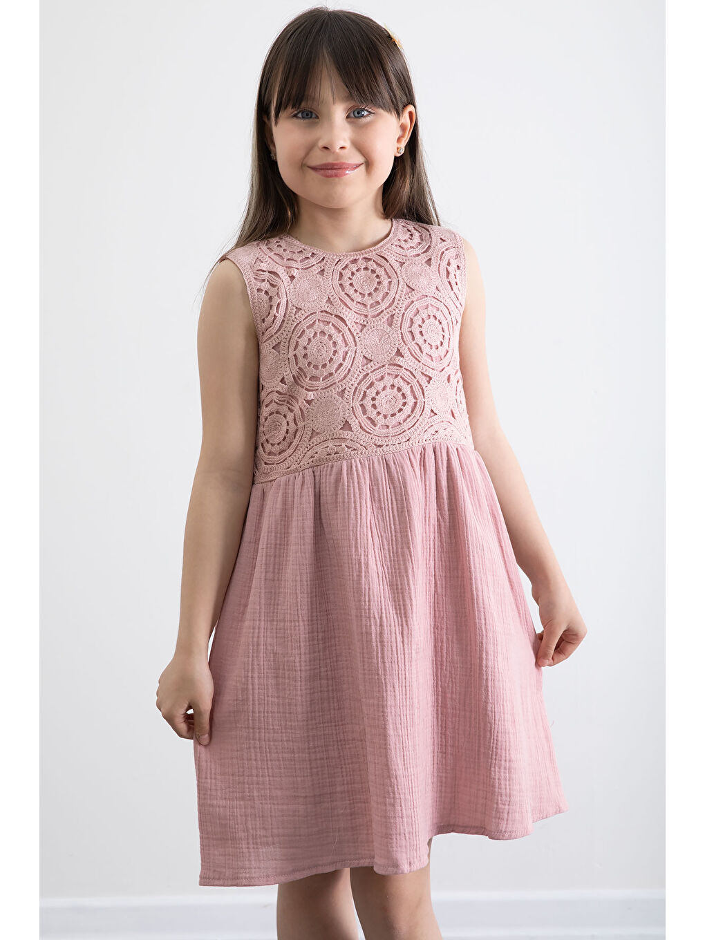 Pembe Dantel İşlemeli Müslin Kız Çocuk Elbise 20778-1