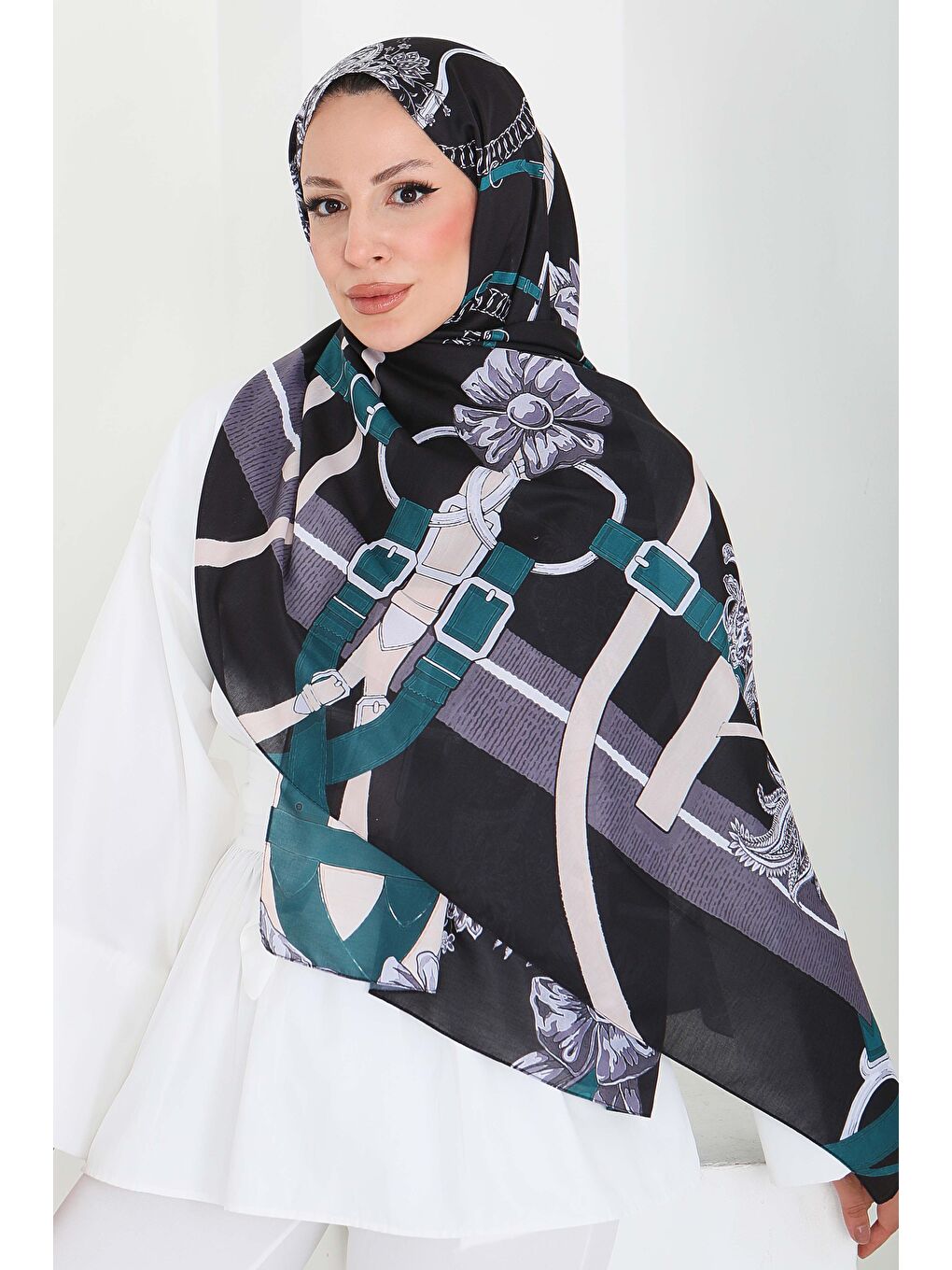 Kemerli Çiçek Bahçesi Serisi Pamuk Şal Petrol - 27858-PETROL-2