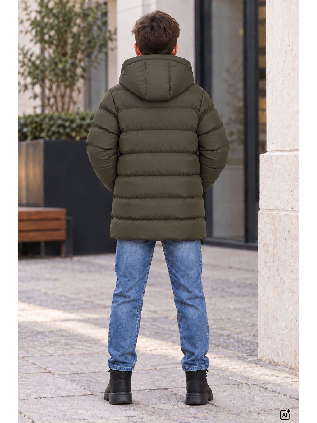 Haki Erkek Çocuk İçi Kürklü Çıkarılabilir Kapüşonlu Çıtçıt Kapamalı Şişme Mont 24899-3