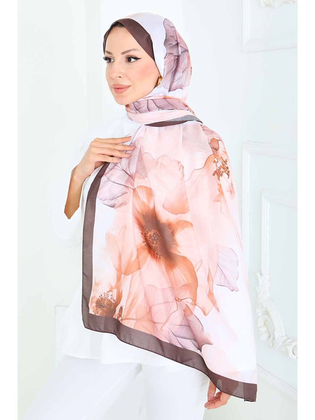 Pembe Pastel Flora Serisi Pamuk Şal Somon - 27857-SOMON-1