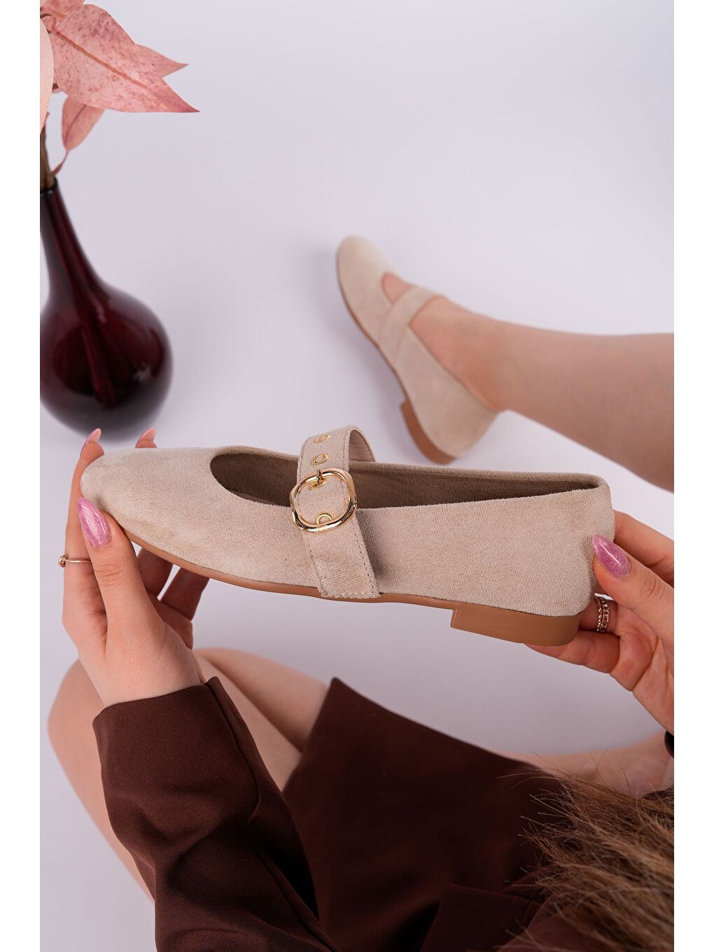 Bej HALSEY Gold Tokalı Deri Kadın Babet Ayakkabı-3