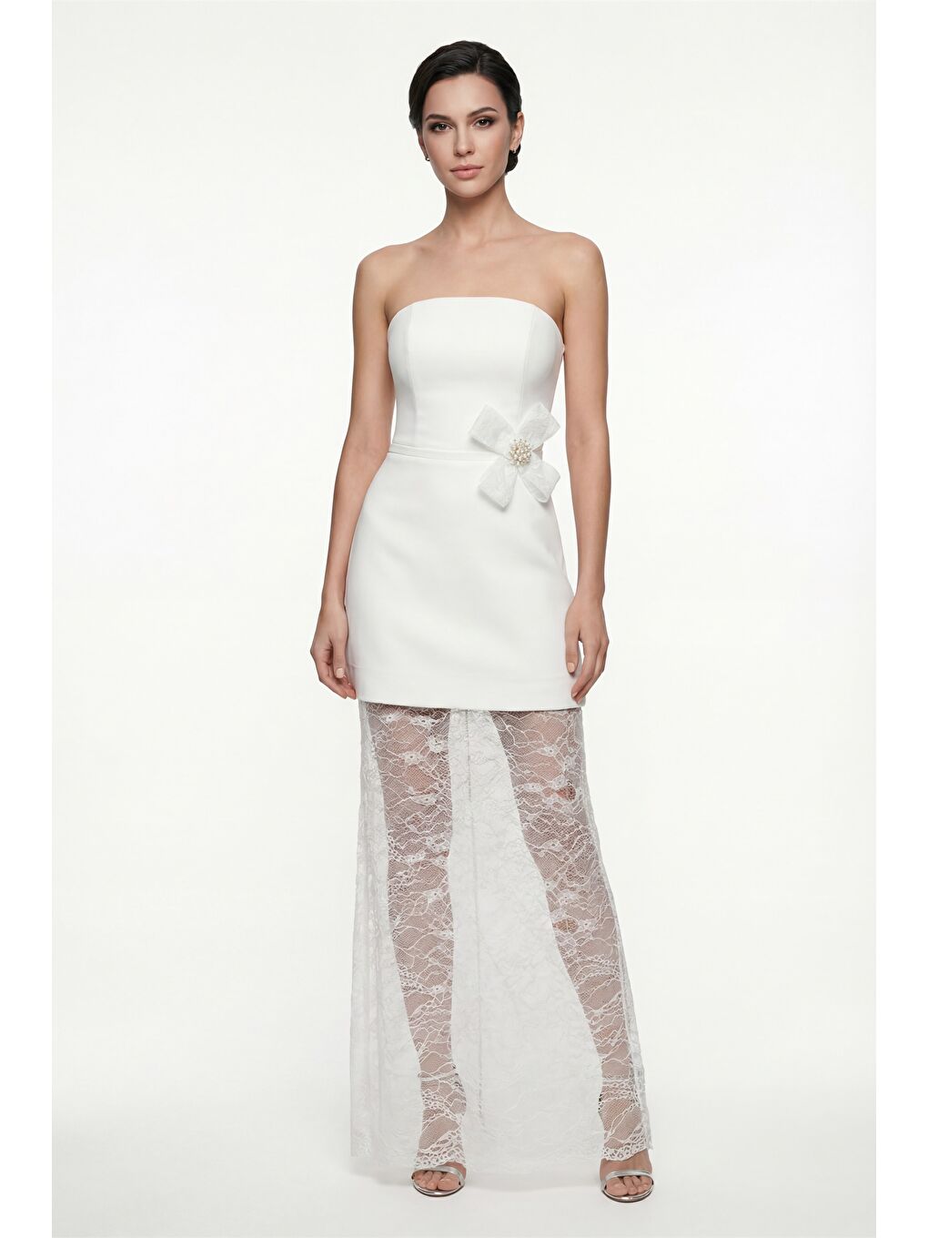 Kadın Beyaz Dantel Detaylı Nikah After Party Abiye Elbise