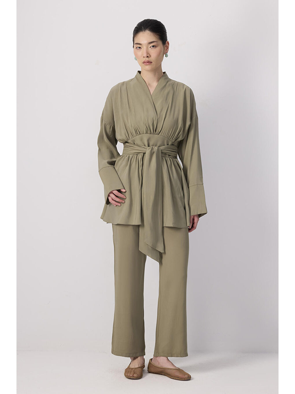 Haki Geniş Kuşaklı Tunik Pantolon Takım-1