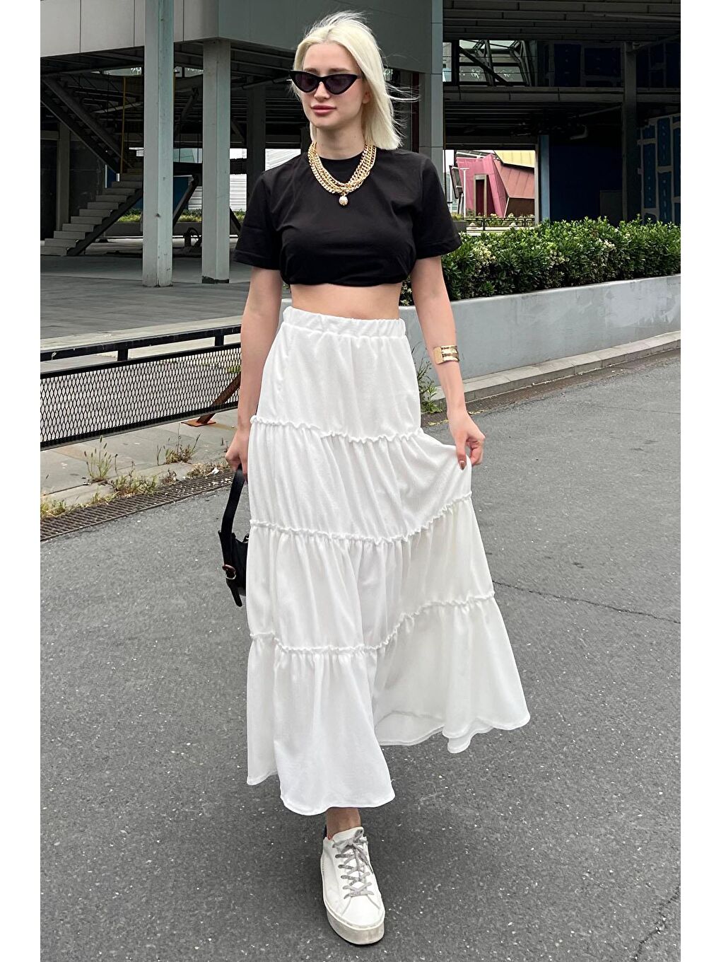 Beyaz Basic Uzun Pileli Kadın Etek Mg2071-2