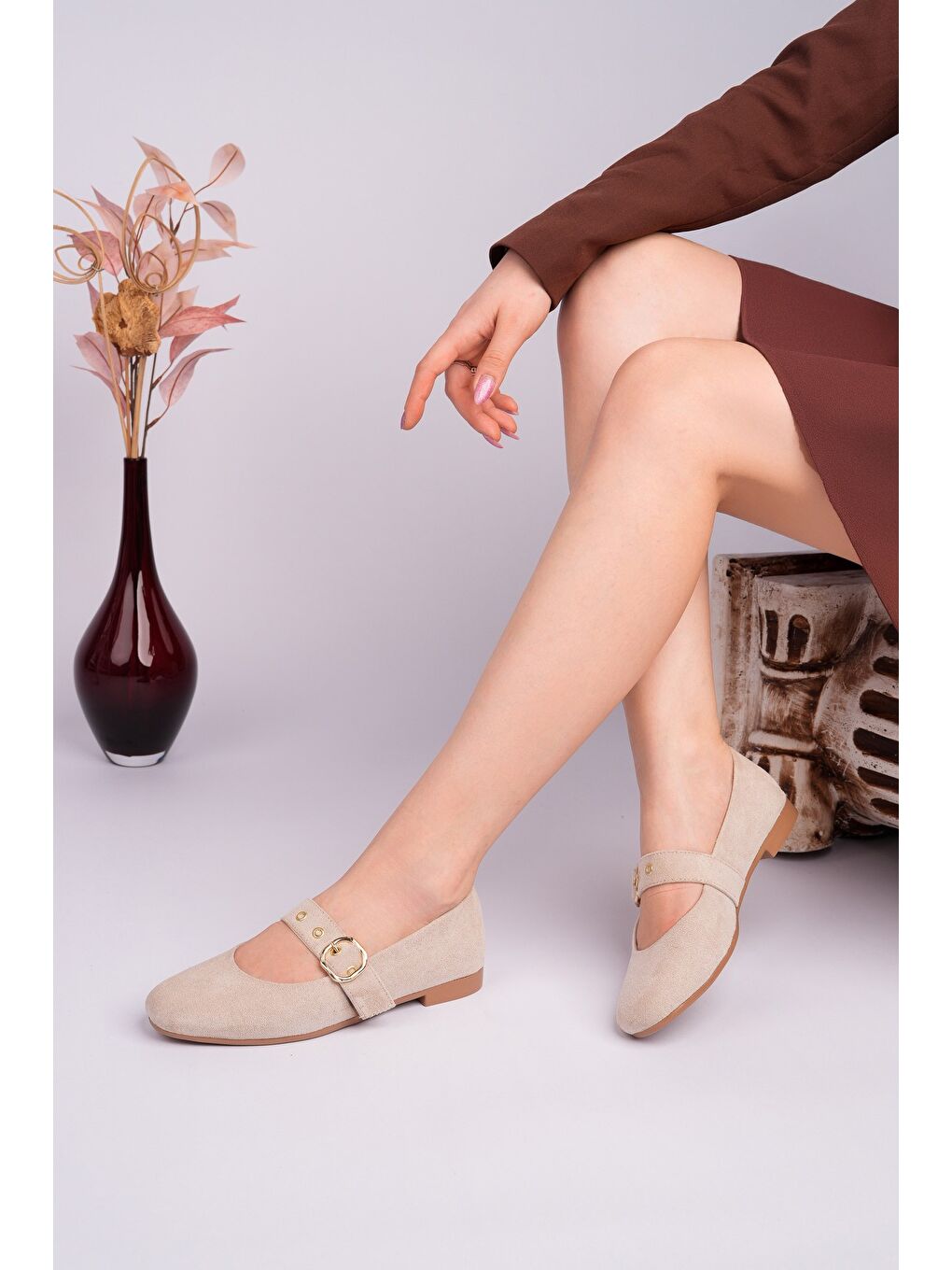 Bej HALSEY Gold Tokalı Deri Kadın Babet Ayakkabı-5